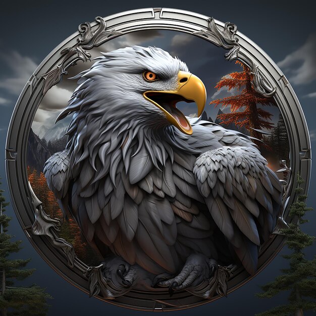 Ilustração do emblema da águia no fundo branco do logotipo do círculo prateado