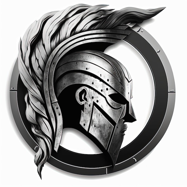 Foto ilustração do emblema do capacete espartano no círculo de prata, logotipo, fundo branco. ia generativa