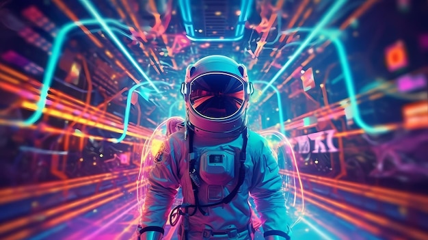 Ilustração do espaço Scifi Retrowave da cena de ficção científica com figura misteriosa de astronauta em traje espacial cercado por luzes de tubo de néon brilhantes Generative Ai