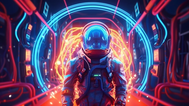 Ilustração do espaço Scifi Retrowave da cena de ficção científica com figura misteriosa de astronauta em traje espacial cercado por luzes de tubo de néon brilhantes Generative Ai