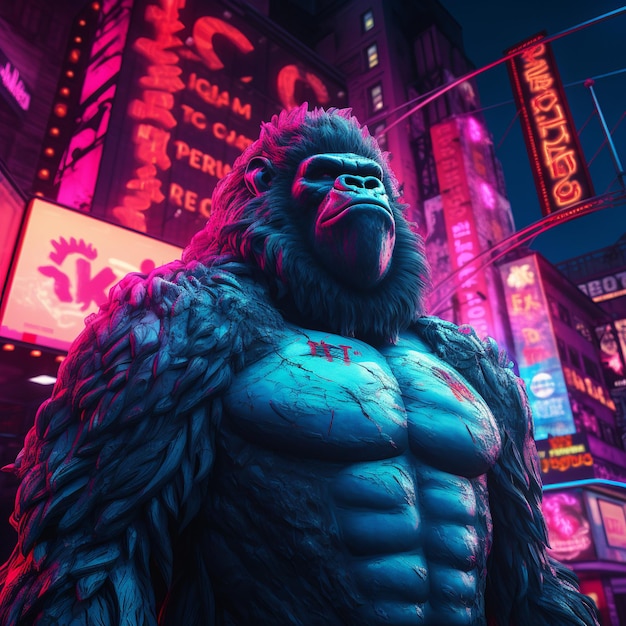 ilustração do estilo Anime de King Kong perdeu sua esposa estilo neon