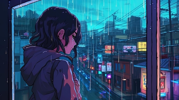 Ilustração do estilo Animemanga de uma jovem olhando para a chuva de sua janela