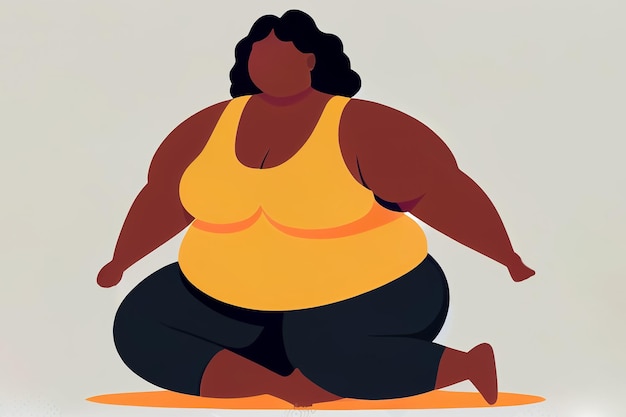 Ilustração do estilo cartoon de mulher plus size em roupas esportivas fazendo ioga corpo conceito positivo AI