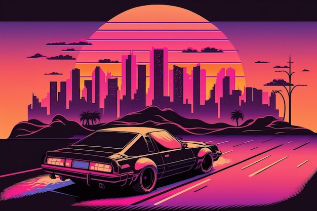 Ilustração do estilo dos anos 80 com carro dirigindo para o pôr do sol estilo synthwave Generative AI