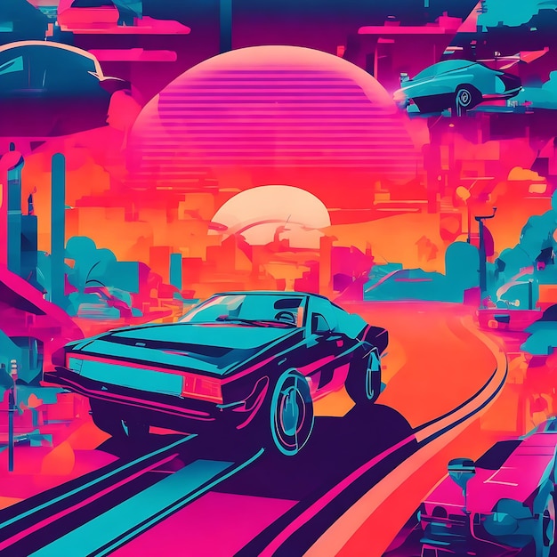 Ilustração do estilo dos anos 80 com carro dirigindo para o pôr do sol Generative AI