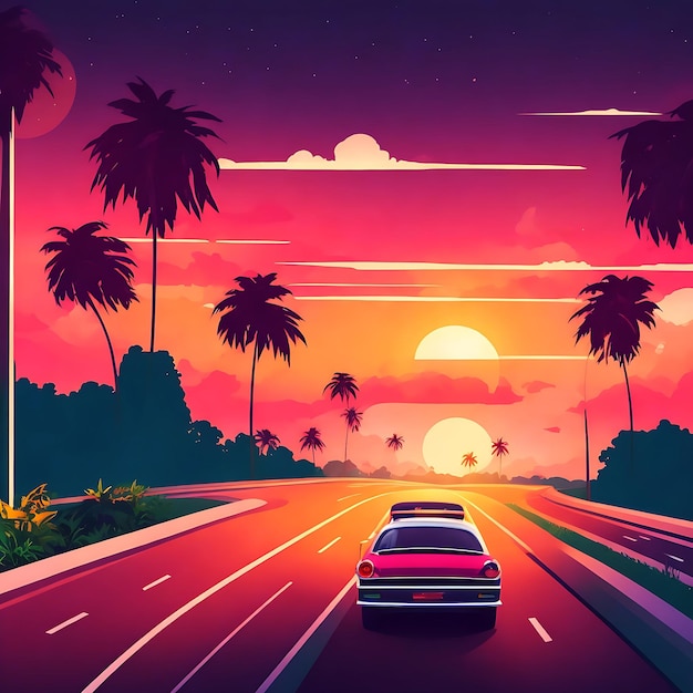 Ilustração do estilo dos anos 80 com carro dirigindo para o pôr do sol Generative AI