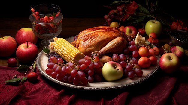 Ilustração do feliz menu de Ação de Graças na mesa de jantar como conceito de festaRoasted Turkey com molho de cranberry e recheio Generative Ai