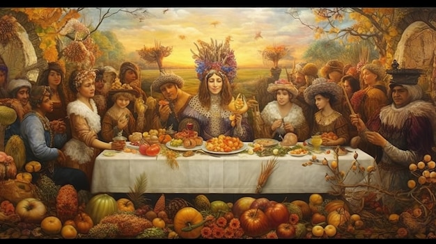 Ilustração do feliz menu de Ação de Graças na mesa de jantar como conceito de festaRoasted Turkey com molho de cranberry e recheio Generative Ai