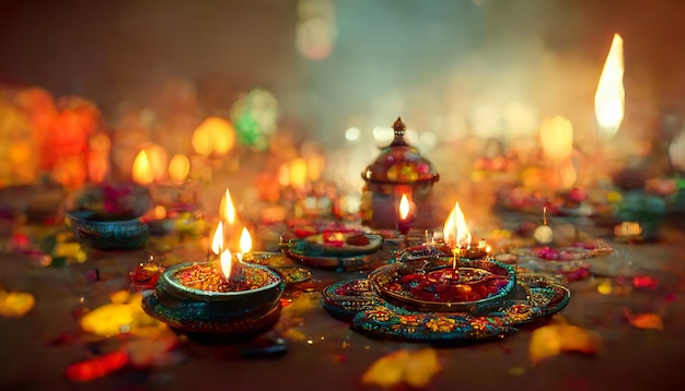Ilustração do festival de Diwali de lâmpadas de óleo Diya tradição de luzes contra fundo escuro