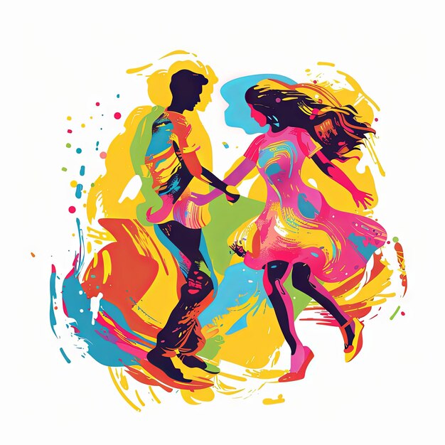 Foto ilustração do festival de holi de um casal dançando com pó colorido ao redor