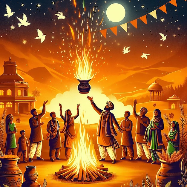 Ilustração do festival de Lohri com pessoas e fogueira