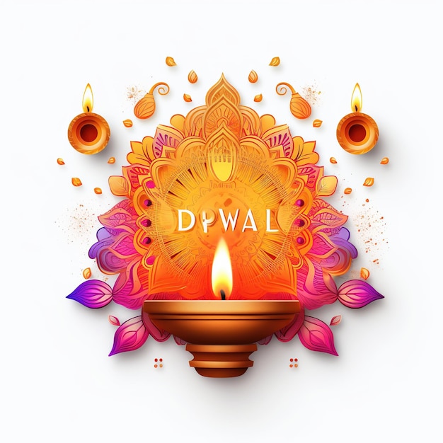 Ilustração do festival Diwali Diya Lamp com rangoli na parte inferior Ai Generated