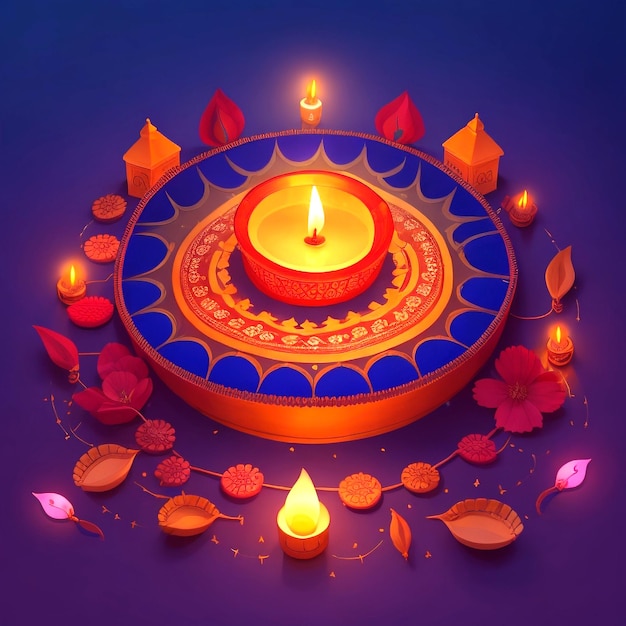 Ilustração do festival Diwali Diya Lamp com rangoli na parte inferior