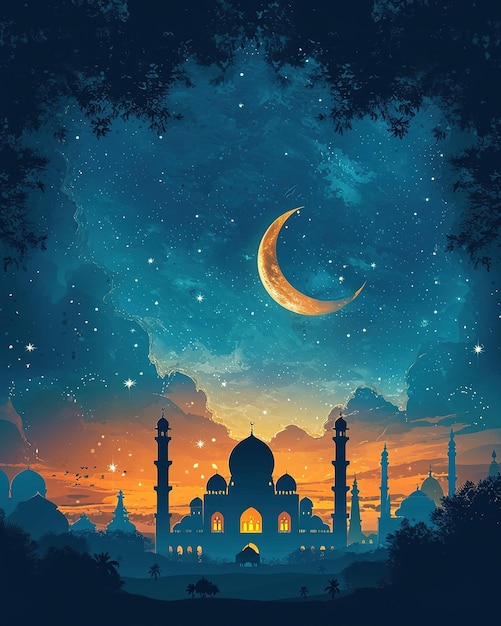 Ilustração do fundo do Ramadan Kareem com lua e estrelas da mesquita