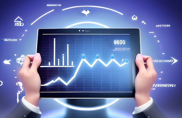 ilustração do gráfico financeiro de seta de crescimento virtual de tablet 3d de negócios em tecnologia digital