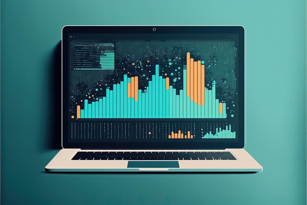 Ilustração do gráfico na tela do laptop, fundo azul. IA generativa