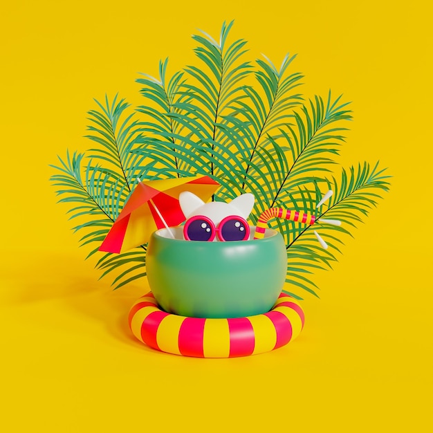 Ilustração do ícone de verão com coco fruta guarda-chuva natação pneu gato e canudos renderização em 3d