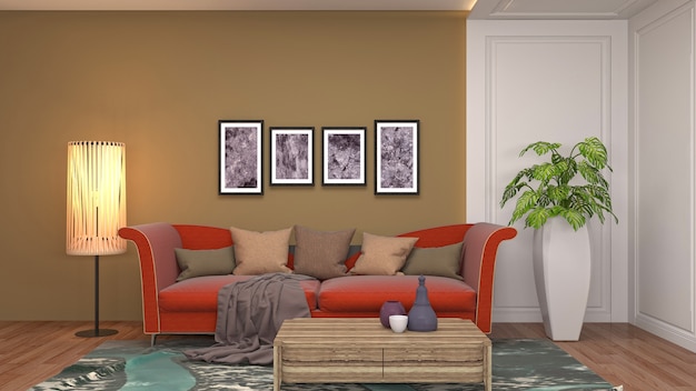 Ilustração do interior da sala de estar. Renderização 3D