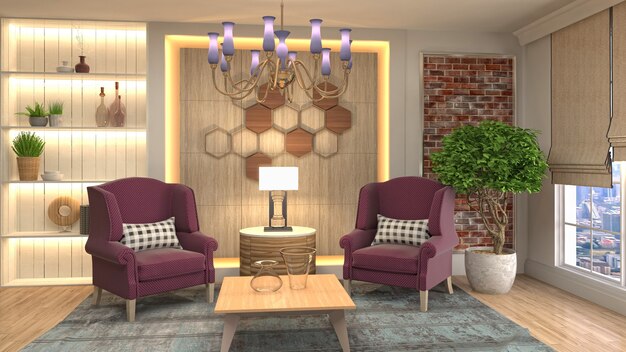 Ilustração do interior da sala de estar. Renderização 3d
