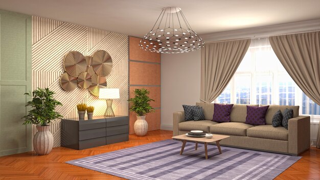 Ilustração do interior da sala de estar. Renderização 3d