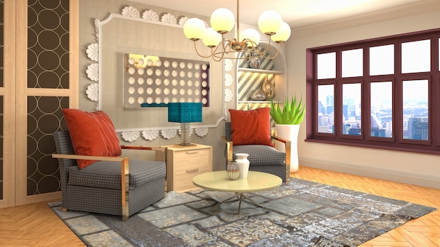 Ilustração do interior da sala de estar. Renderização 3d