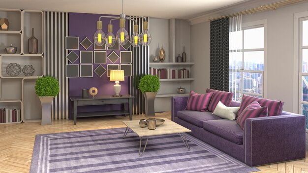 Ilustração do interior da sala de estar. Renderização 3d