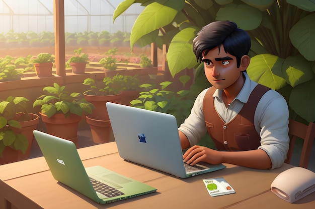 ilustração do jovem agricultor indiano usando laptop e mostrando o cartão do banco na estufa ou teatro