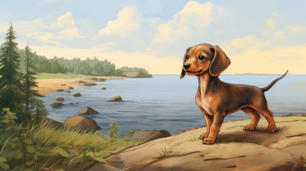 Ilustração do livro Nostalgic Children39s Dachshund Puppy By The Shores Of New Brunswick