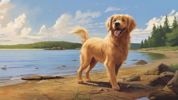 Ilustração do livro Nostalgic Children39s Golden Retriever Puppy by the Lake