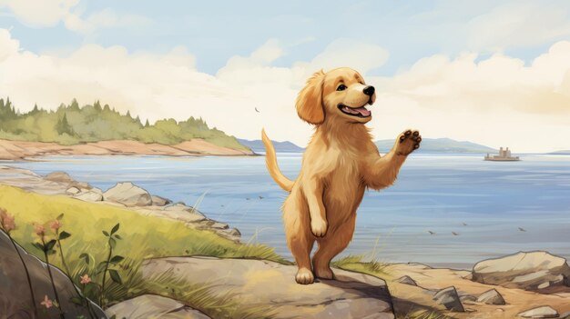 Ilustração do livro Nostalgic Children39s Golden Retriever Puppy On Nova Scotia Shores