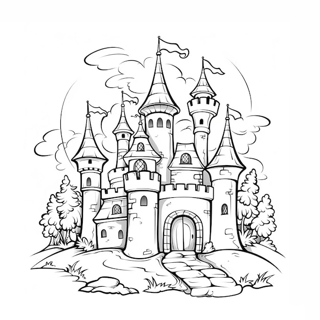 Ilustração do livro para colorir do castelo da princesa para crianças