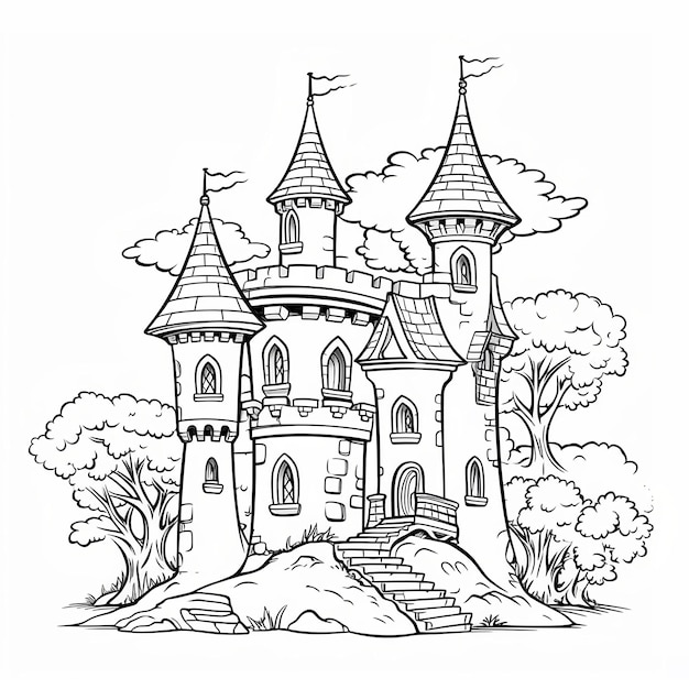 Ilustração do livro para colorir do castelo da princesa para crianças