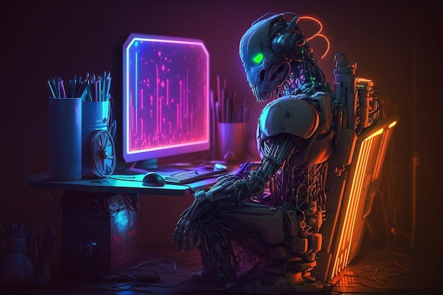 Ilustração do local de trabalho do computador de trabalho do robô cibernético neon Generative AI