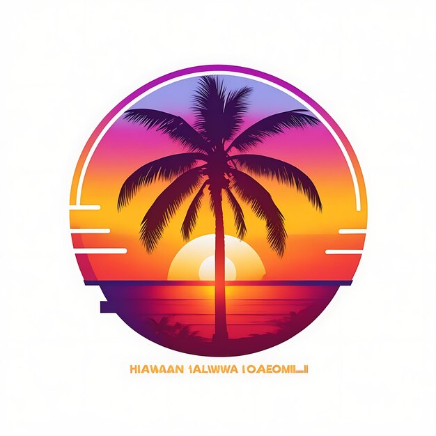 Foto ilustração do logotipo gráfico pôr do sol havaiano com palmeiras design de fundo sólido branco