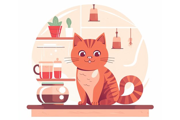 Ilustração do logotipo lindo gato vermelho trabalhando na cafeteria fazendo café