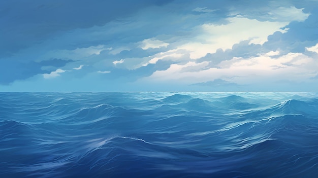 ilustração do mar azul com céu nublado