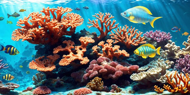 Ilustração do mundo subaquático com corais coloridos peixes tropicais e luz solar fluindo através da água do mar Beleza do recife de coral IA geradora