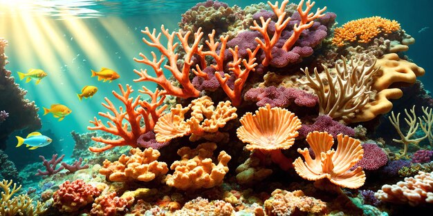 Ilustração do mundo subaquático com peixes tropicais de corais coloridos e luz solar fluindo através da água do mar Beleza do recife de coral Generative AI
