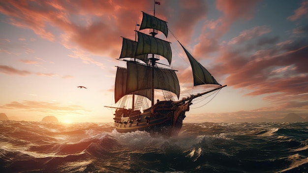 Ilustração do navio de Cristóvão Colombo cruzando o oceano