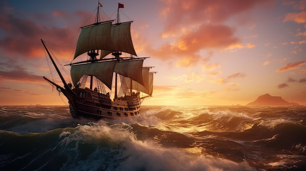 Ilustração do navio de Cristóvão Colombo cruzando o oceano