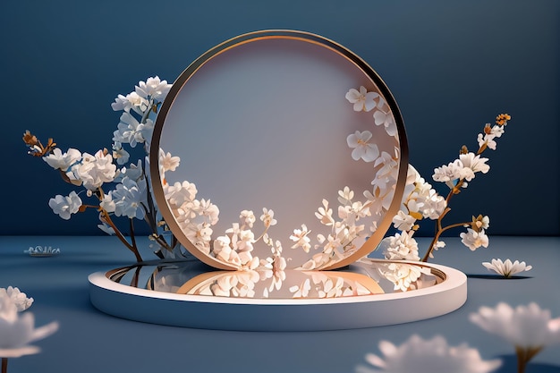Ilustração do palco do pódio branco para produtos cosméticos com banco branco flor AI