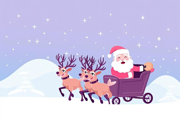 ilustração do Papai Noel andando de carroça de veado sob nevando com espaço de cópia