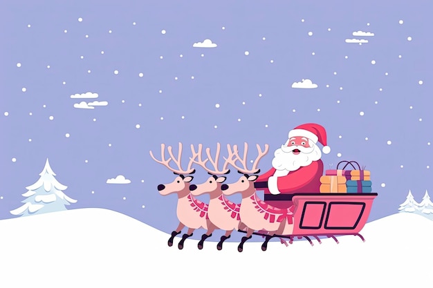 ilustração do Papai Noel andando de carroça de veado sob nevando com espaço de cópia