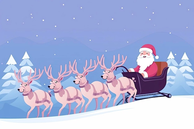 ilustração do Papai Noel andando de carroça de veado sob nevando com espaço de cópia