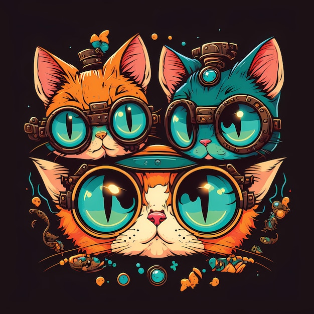 Foto ilustração do personagem de gato de desenho animado, usando óculos, design moderno e legal