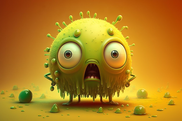 Ilustração do personagem engraçado do vírus verde com rosto zangado isolado em IA generativa amarela