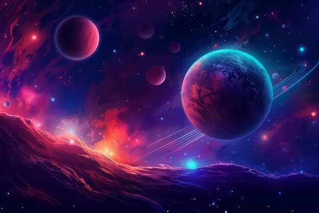 Ilustração do planeta de néon da noite cósmica do céu da galáxia