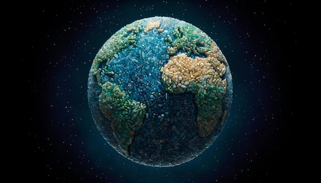 Ilustração do planeta Terra com uma superfície composta inteiramente de inúmeras garrafas de plástico minúsculas