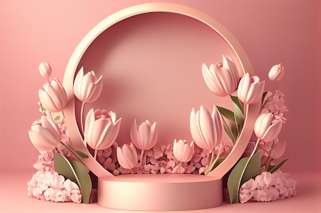 Ilustração do pódio rosa com flor tulipas conceito de dia das mães AI