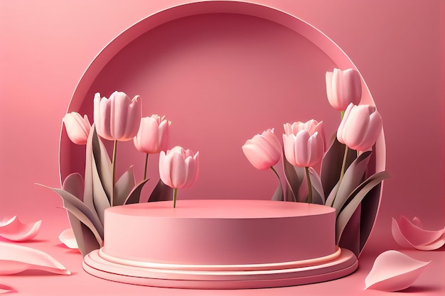 Ilustração do pódio rosa com flor tulipas conceito de dia das mães AI